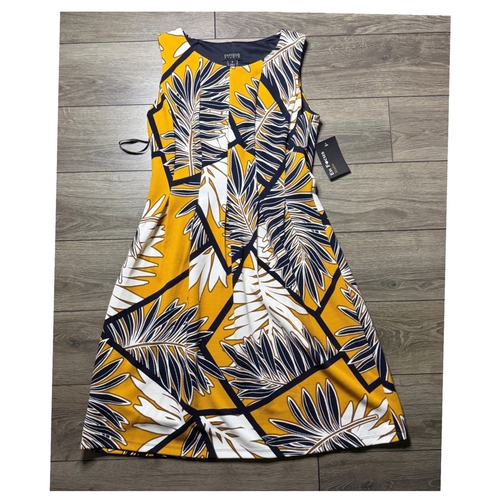 EnFocus Studio Womens 8 Tropical Palm Leaf Print A-Line Dress Mustard Navy NWT - Picture 2 of 7